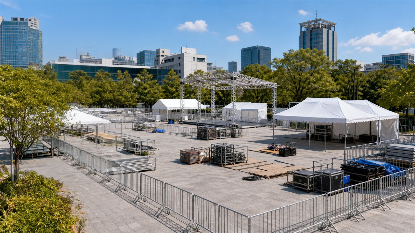 高所に設置したソーラー監視カメラで仮設イベント会場を見守るイメージ