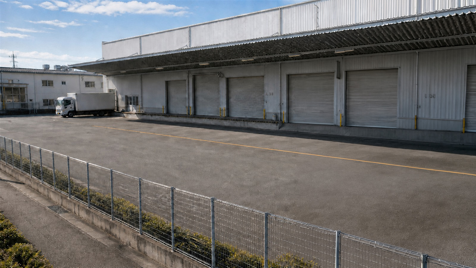 高所に設置したソーラー監視カメラで工場・倉庫の屋外敷地を見渡すイメージ