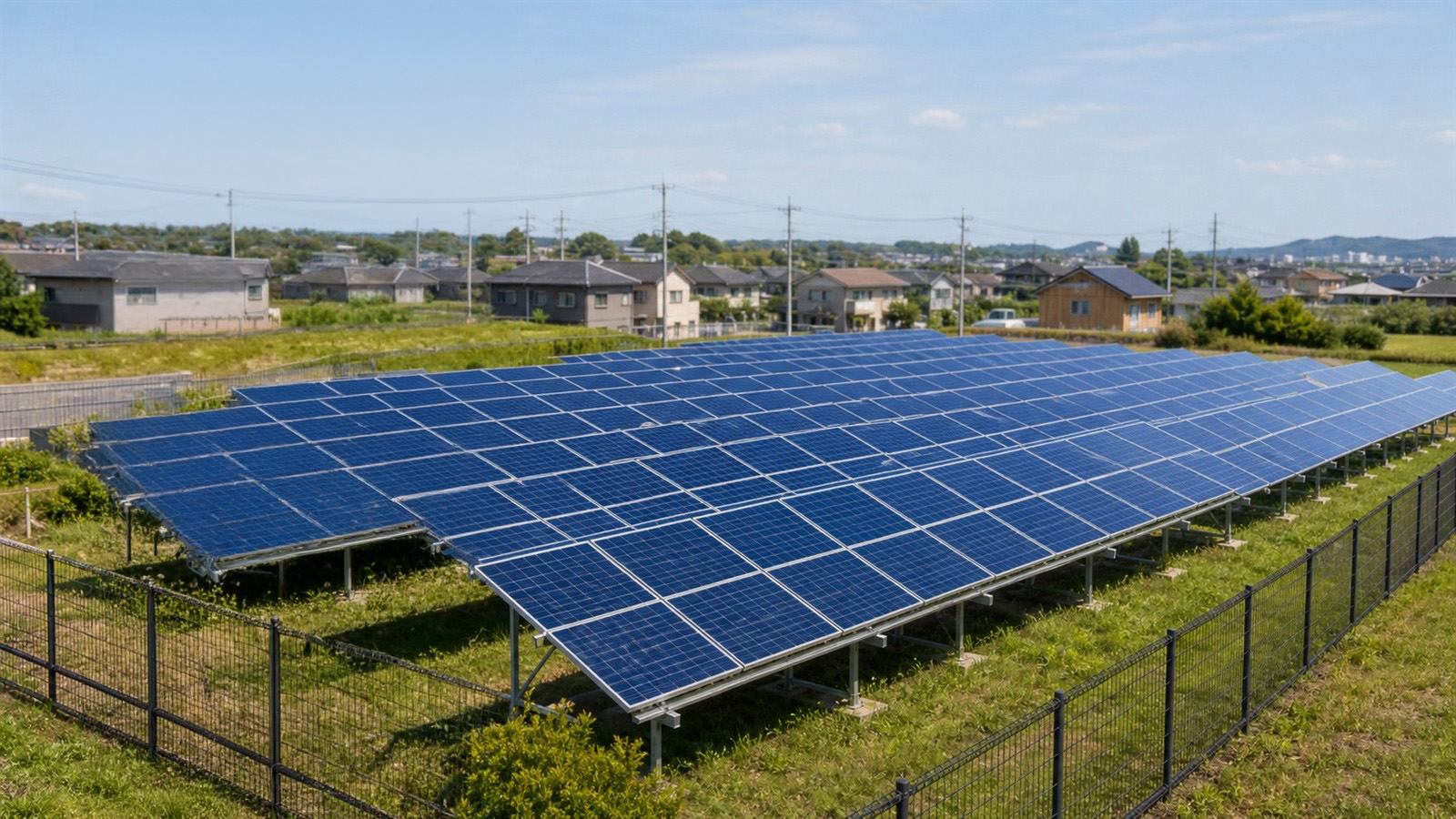 高所に設置したソーラー監視カメラで太陽光発電所を見守るイメージ