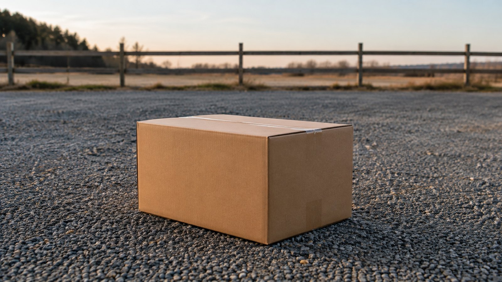 屋外の敷地に置かれた配送用の段ボール箱。届いたその日から使えるレンタルのイメージ